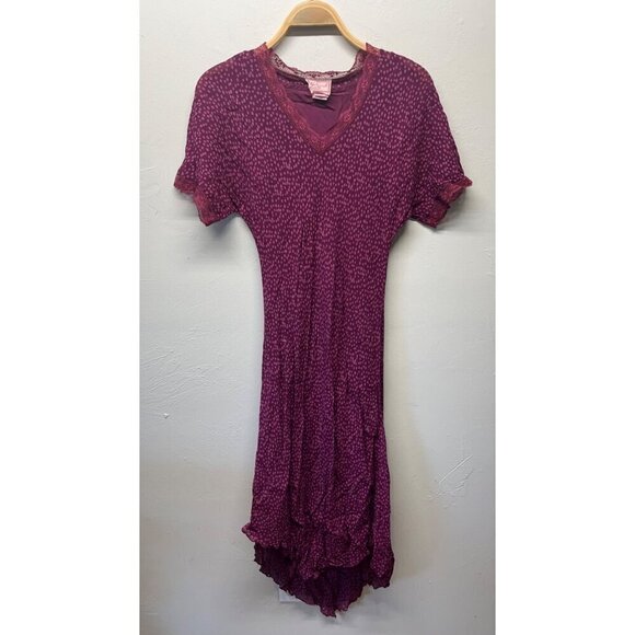 April Cornell Midi Maxi Dress V-Shaped Hem Medium Burgundy Purple Dots Lace Y2K - Picture 9 of 9